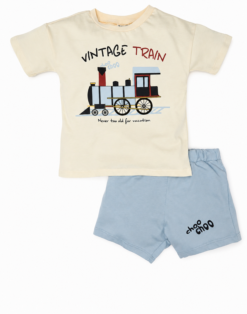DeFacto : Baby Boy 2-Piece Crew Neck Short-Sleeve T-Shirt & Shorts Set with Train Print